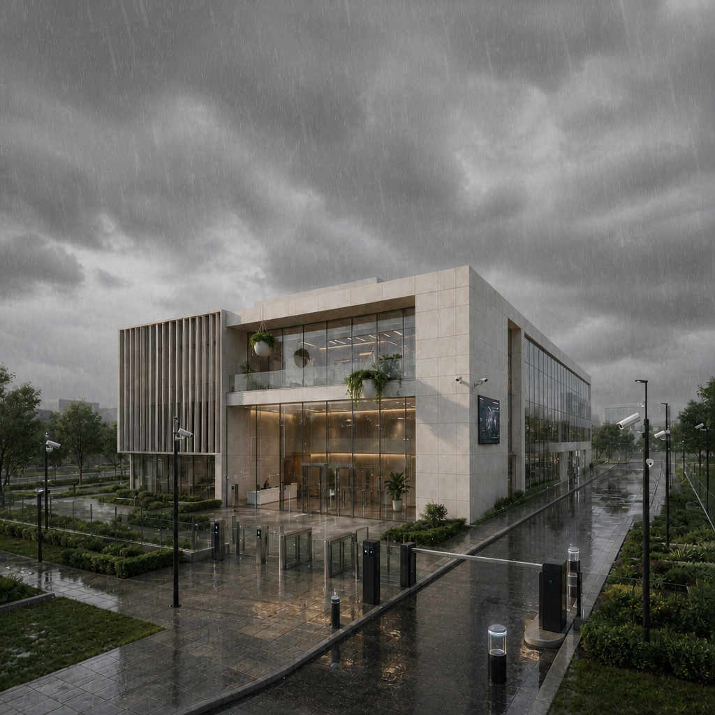 Modern corporate campus in rain secured with perimeter CCTV cameras, boom barriers, bollards and access-control turnstiles at the entrance