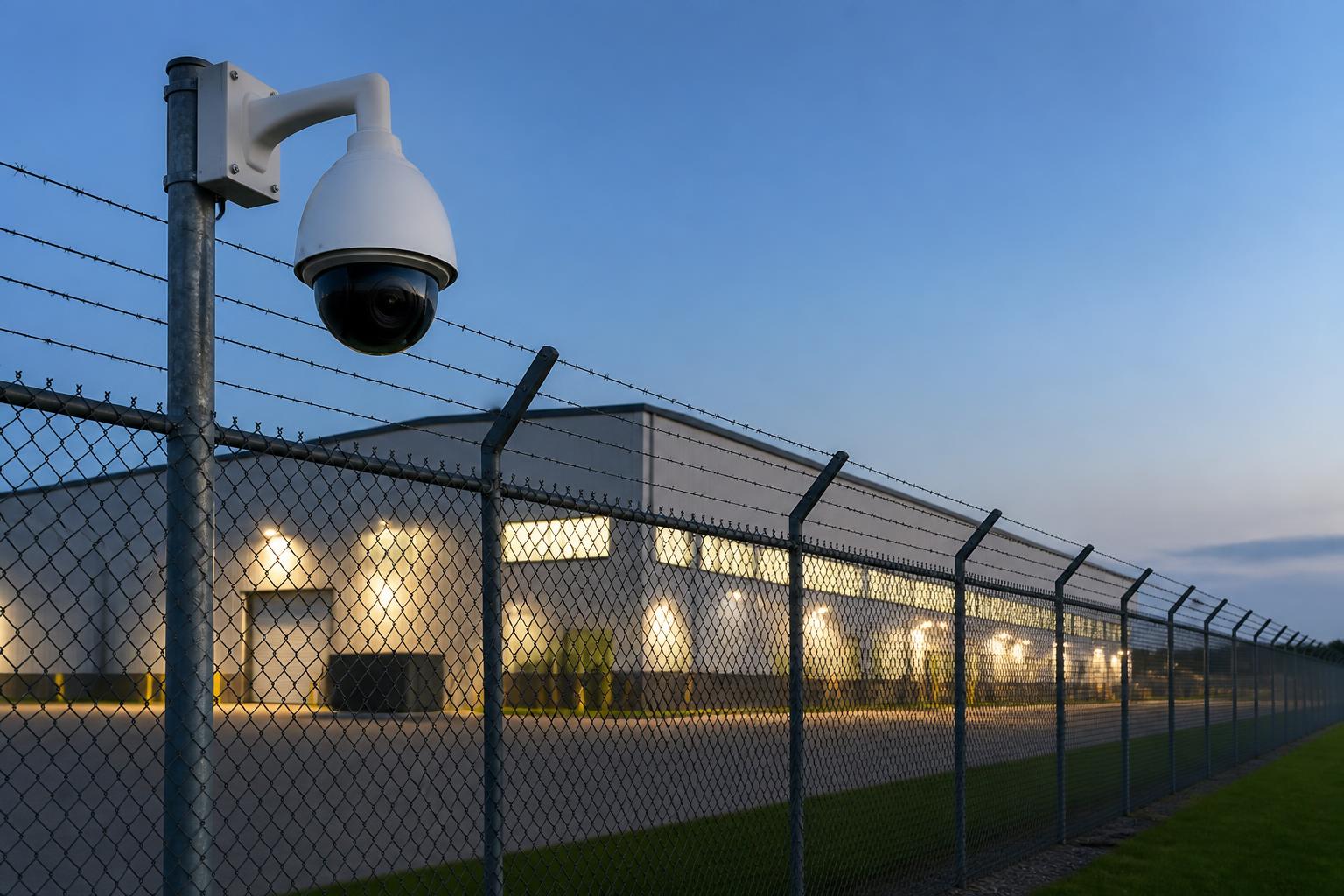 Perimeter camera mast overlooking a secured industrial facility at dusk